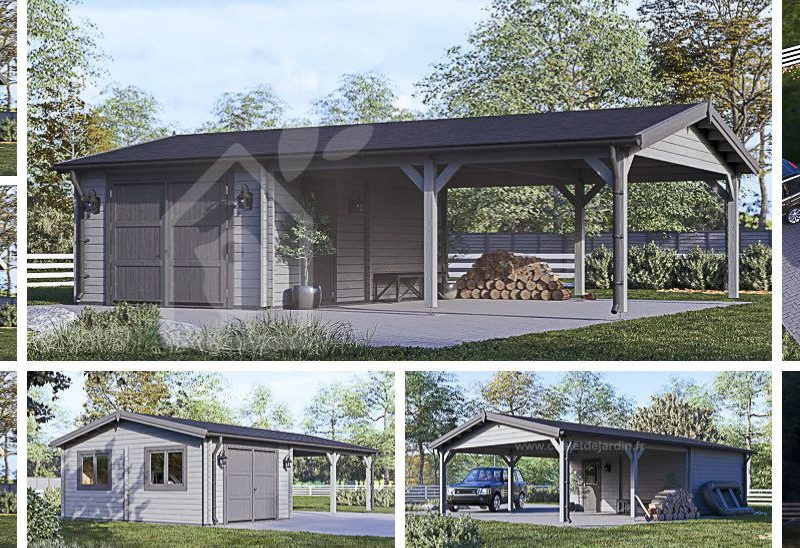 Деревянный гараж MULTI (44 мм), 4х6 м, с двойным навесом для автомобилей 5,5х6 м.